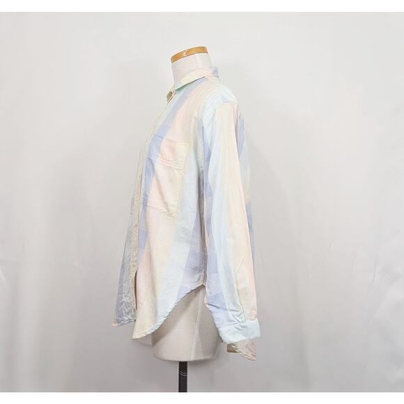 Vintage 80s Blouse Blue Peach Yellow Green Plaid Top Cotton Misses Size 6 - Picture 3 of 5